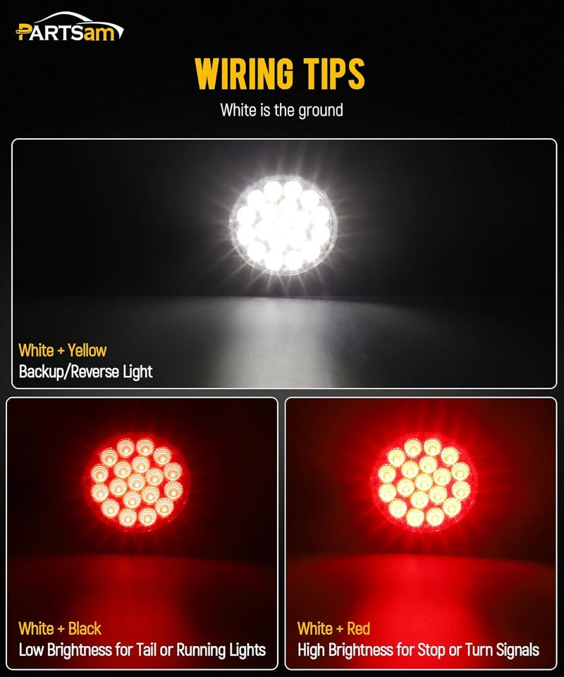 Partsam 2Pcs 4 Inch Round Red Stop Turn Tail Lights and White Backup Lights Kit 19 Diodes w/Rubber Grommets & 3-Prong Wire Pigtails, Red/White Round Led Truck Trailer Tail Lights and Reverse Lights - Image 3