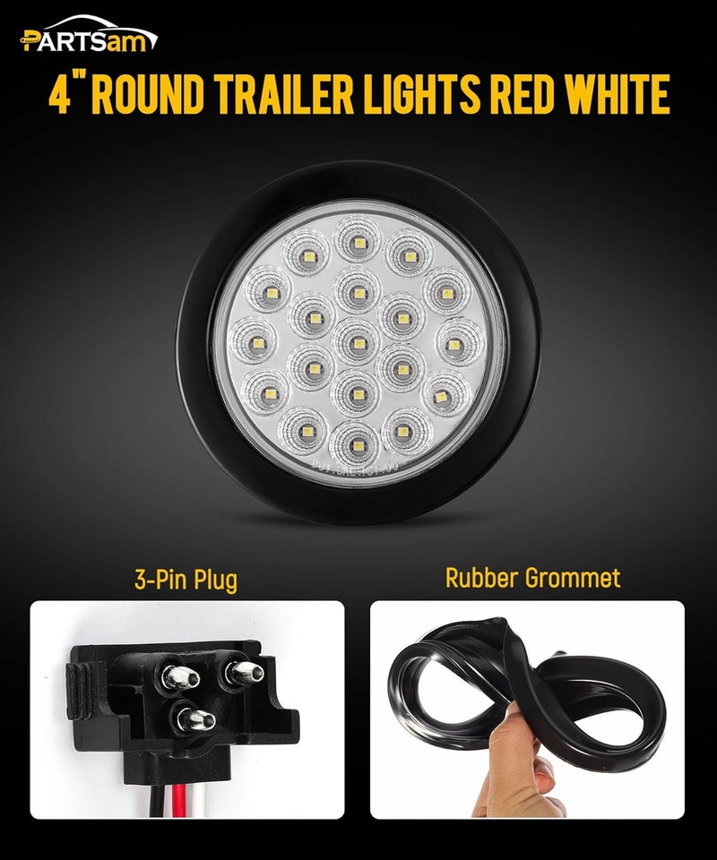 Partsam 2Pcs 4 Inch Round Red Stop Turn Tail Lights and White Backup Lights Kit 19 Diodes w/Rubber Grommets & 3-Prong Wire Pigtails, Red/White Round Led Truck Trailer Tail Lights and Reverse Lights - Image 2