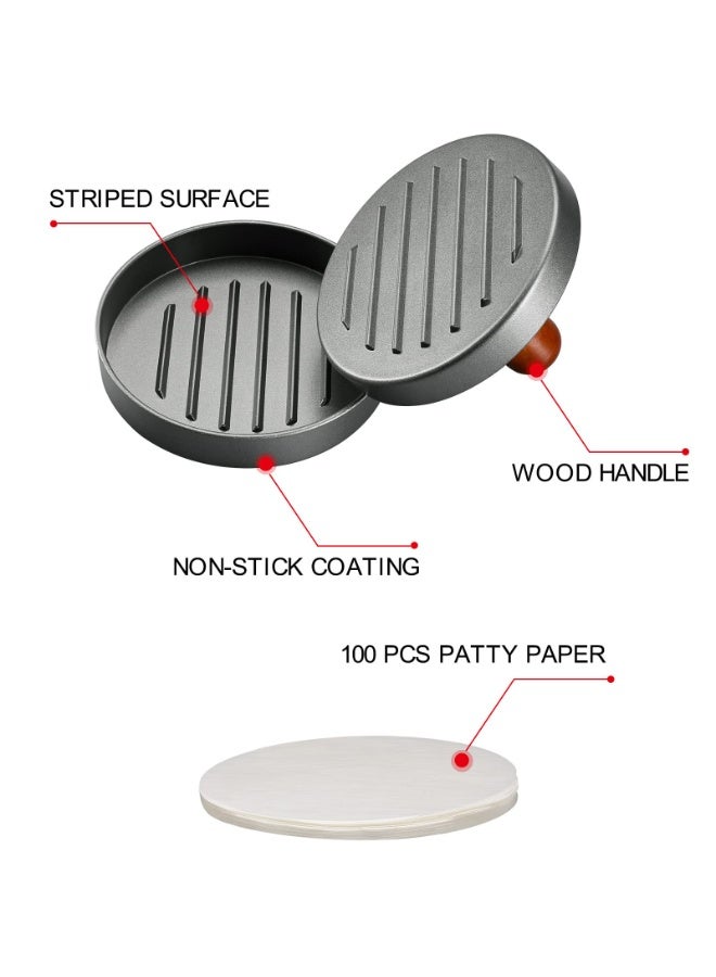 سكينة صانعة فطائر البرجر مع 100 ورقة فطائر، قالب همبرغر من الفولاذ المقاوم للصدأ بمقبض خشبي، قالب برجر غير لاصق لفطائر اللحم المثالية، مثالي للشواء في المطبخ والتخييم - Image 3