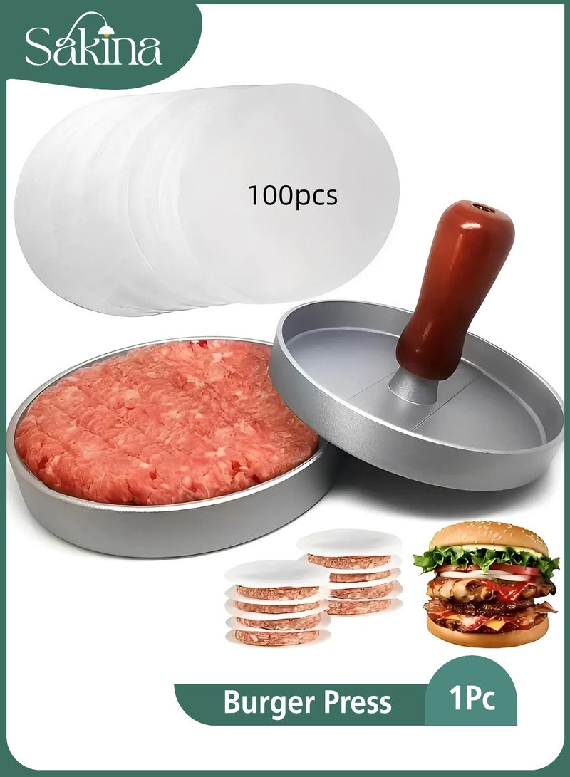 سكينة صانعة فطائر البرجر مع 100 ورقة فطائر، قالب همبرغر من الفولاذ المقاوم للصدأ بمقبض خشبي، قالب برجر غير لاصق لفطائر اللحم المثالية، مثالي للشواء في المطبخ والتخييم - Image 1