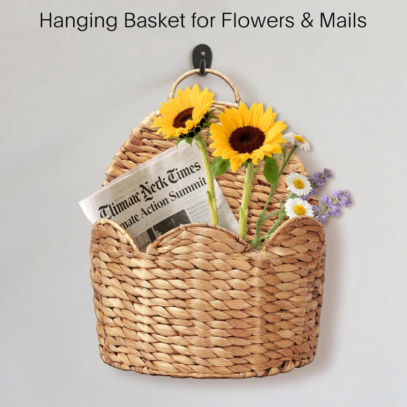 Stylave Door Basket Scalloped Hanging Storage Basket,Water Hyacinth Woven Wall Baskets for Front Door Decor, Hangable Storage Organize for Flowers,Planter,Mails,Wicker Baskets for Organizing Garden- L - Image 4