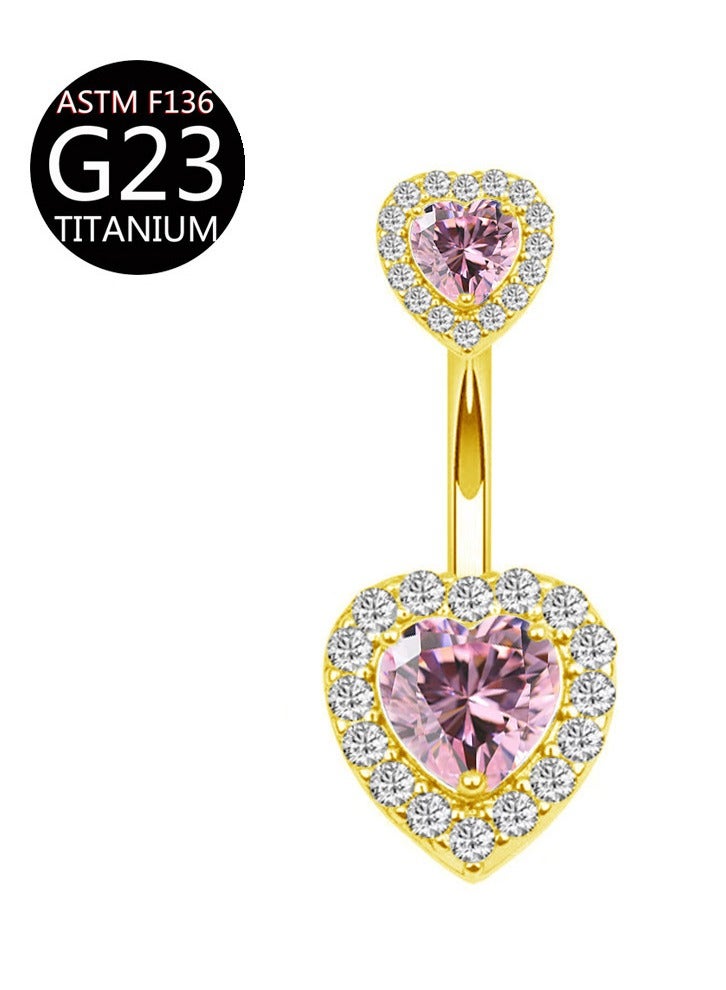Innoshine Titanium love heart Belly  Ring with Pink Zirconia Inlaid Internally Threaded Golden Navel Piercing Jewelry Surgical Hypoallergenic  Rhinestone studded Belly Button gifts For Women