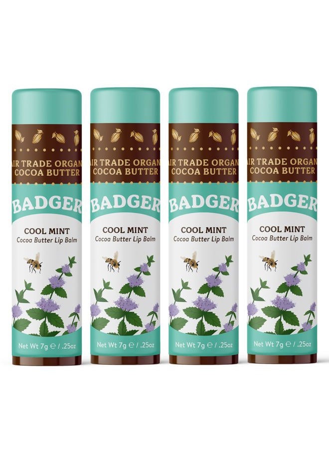 Badger Cool Mint Cocoa Butter Lip Balm, Long Lasting Hydrating Lip Care, 100% Organic Lip Balm, Large Size Stick, 4-pack - Image 1