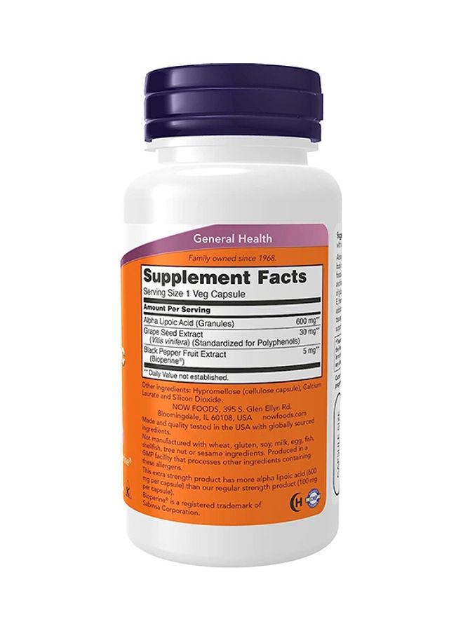 Now Foods Alpha Lipoic Acid 600 Mg, Extra Strength With Grape Seed Extract And Bioperine 60 Veg Capsules - Image 2