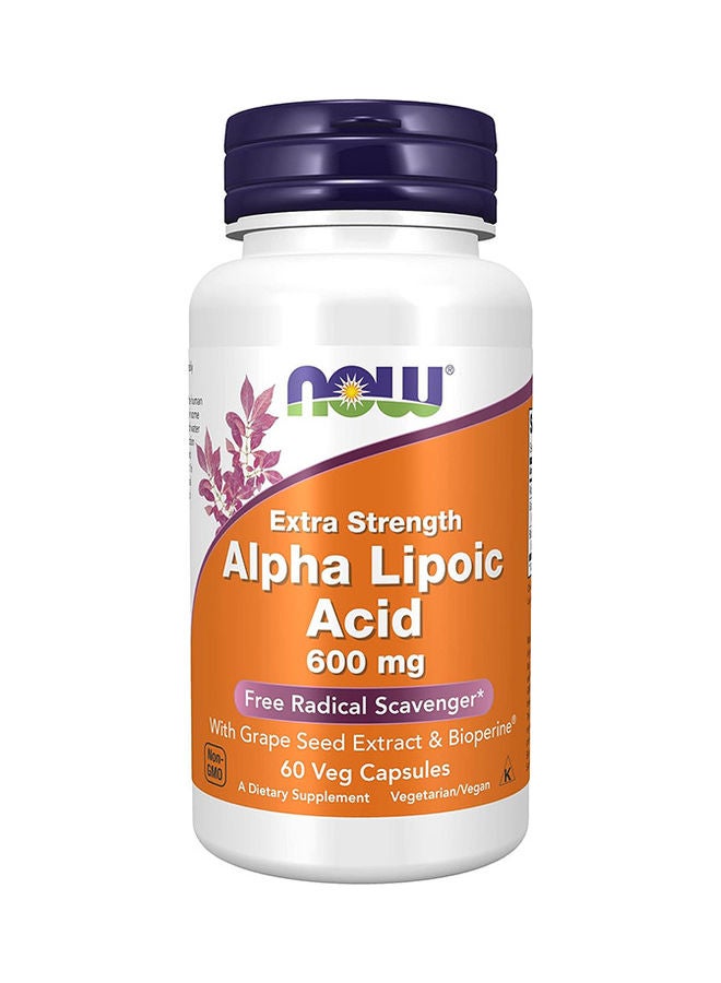 Now Foods Alpha Lipoic Acid 600 Mg, Extra Strength With Grape Seed Extract And Bioperine 60 Veg Capsules - Image 1