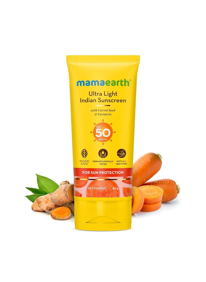 Mamaearth Mamaearth Ultra Light SPF 50 Sunscreen with PA++++ | Gives Broad Spectrum Protection | Moisturizes with Turmeric & Carrot Seed | Lightweight & Long Lasting | 2.71 Fl Oz/80 ml 