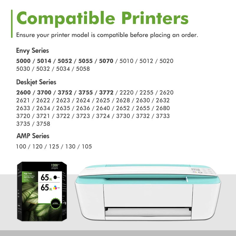 Tonassy 65 65XL Tri-Color / 65 XL Black Ink Cartridges Combo Pack Work Replacement for HP 65XL Printer Officejet Envy 5055 5000 5052 5058 DeskJet 3755 3772 3700 2655 3752 3720 3722 3723 3758 2652 2622 2-Pack - Image 2