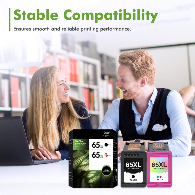 Tonassy 65 65XL Tri-Color / 65 XL Black Ink Cartridges Combo Pack Work Replacement for HP 65XL Printer Officejet Envy 5055 5000 5052 5058 DeskJet 3755 3772 3700 2655 3752 3720 3722 3723 3758 2652 2622 2-Pack - Image 4