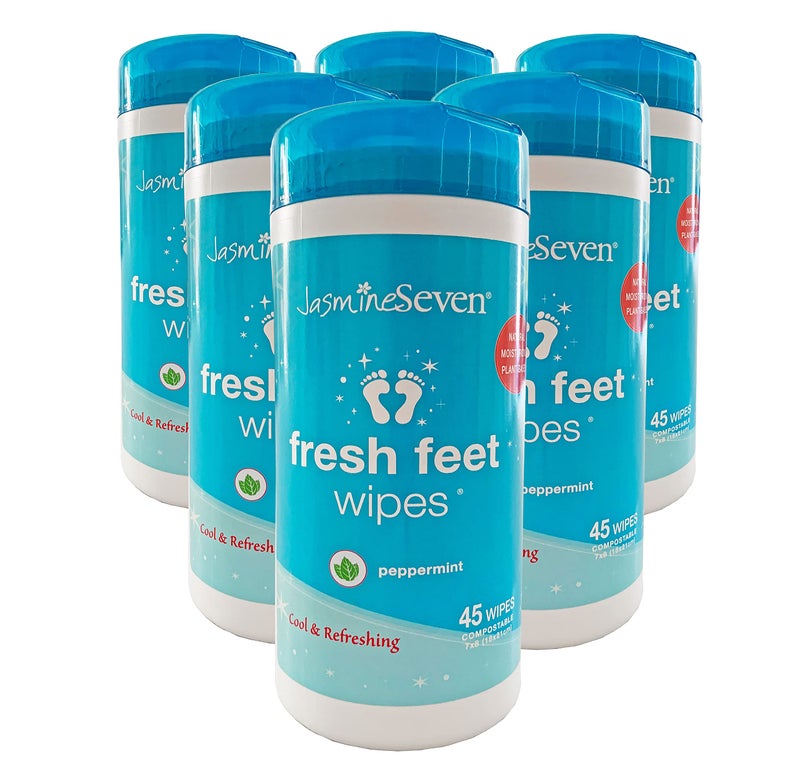 JasmineSeven Fresh Feet Wipes - Peppermint Wet Wipes in Resealable Canister - Case of 6 x 45 each = 270 wipes | by Jasmine Seven - Image 1