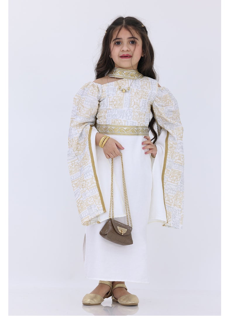 Modern Design Moroccan girls' galabiya, long sleeves, made of cotton material, with floral embroidery, open shoulder, with a golden high collar  - Image 1