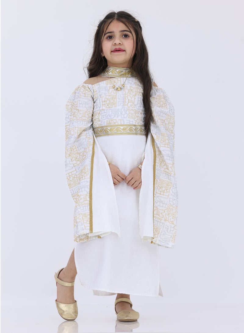 Modern Design Moroccan girls' galabiya, long sleeves, made of cotton material, with floral embroidery, open shoulder, with a golden high collar  - Image 2