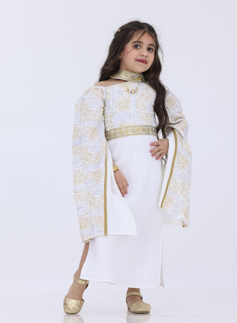 Modern Design Moroccan girls' galabiya, long sleeves, made of cotton material, with floral embroidery, open shoulder, with a golden high collar  - Image 3