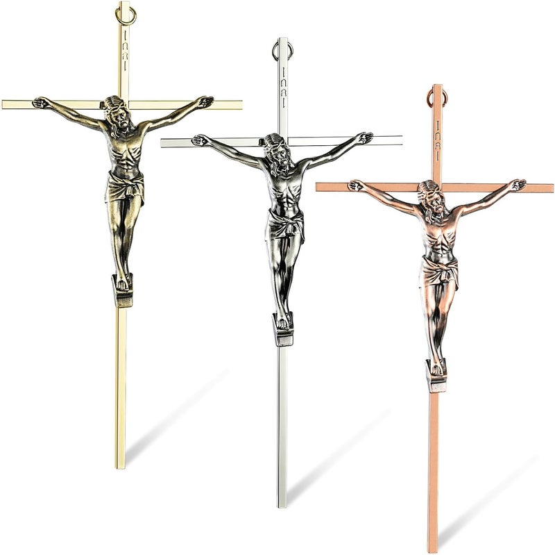 ACHIBANG 10" Crucifix Wall Cross 3 Pack – Gold, Silver & Copper Jesus Crosses for Wall, Catholic Crucifix Wall Decor for Home or Over-the-Door Blessing - Image 1