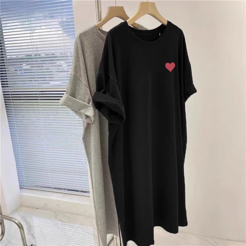 2025 Summer New Style Printed Short-sleeved T-shirt Dress dress Womens Casual Over-knee Belly Covering plus size chubby girl T-shirt Dress Pure black - Image 4