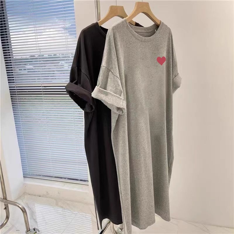 2025 Summer New Style Printed Short-sleeved T-shirt Dress dress Womens Casual Over-knee Belly Covering plus size chubby girl T-shirt Dress Pure black - Image 3