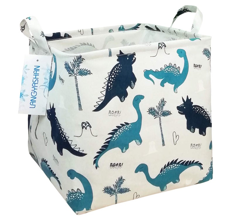 LANGYASHAN Square Storage Baskets Waterproof Canvas Children Laundry Nursery Hamper for Shelves Gift Baskets Toy Organizer Room Decor Square Dinosaur