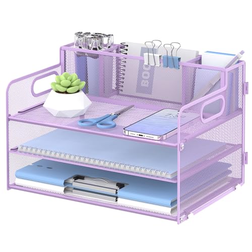 SUPEASY 3 Tier Desk Organizer with Handle & 3 Pen Holders, Mesh Paper/File Organizer for Desk, Paper Letter Tray Organizer for Office Supplies (Light Purple) - Image 1
