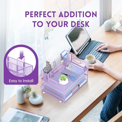 SUPEASY 3 Tier Desk Organizer with Handle & 3 Pen Holders, Mesh Paper/File Organizer for Desk, Paper Letter Tray Organizer for Office Supplies (Light Purple) - Image 4