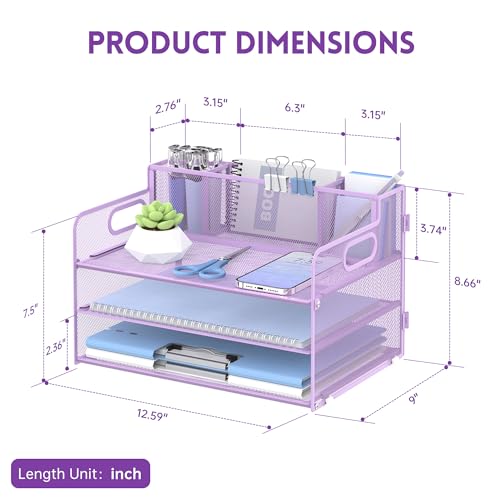 SUPEASY 3 Tier Desk Organizer with Handle & 3 Pen Holders, Mesh Paper/File Organizer for Desk, Paper Letter Tray Organizer for Office Supplies (Light Purple) - Image 5