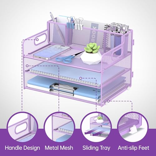 SUPEASY 3 Tier Desk Organizer with Handle & 3 Pen Holders, Mesh Paper/File Organizer for Desk, Paper Letter Tray Organizer for Office Supplies (Light Purple) - Image 3