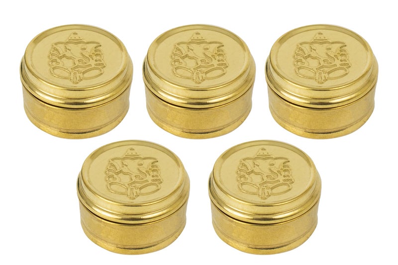 Spillbox Brass Box Pooja | Puja | Roli | Chawal | Chandan | Haldi | Kumkum Puja Box | Sindoor | Turmeric | Dabbi | Dibbi | Dhani | Dani Lid Holder -Small Dabbi pack of 5 - Image 1