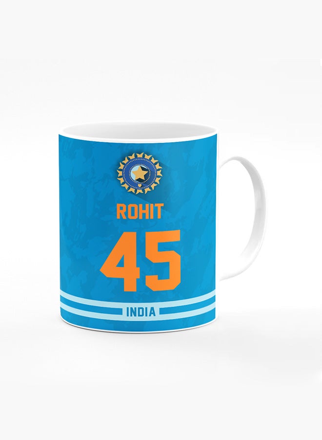 Stylizedd Designer Printed Coffee Mug with Heavy Duty Handle 11oz Ceramic Personalised Gift Mugs Cup - Cricket Player - Rohit Sharma, Jersey Number - 45 (With Logo) - Image 1