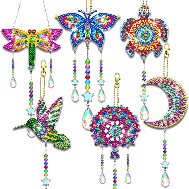 JeCuiK 6 Pcs Diamond Painting Suncatchers Double Sided Diamond Art Suncatcher Mandala 5D DIY Diamond Painting Wind Chimes Paint by Number Diamond Art Kits for Adults Hanging Ornaments - Image 1