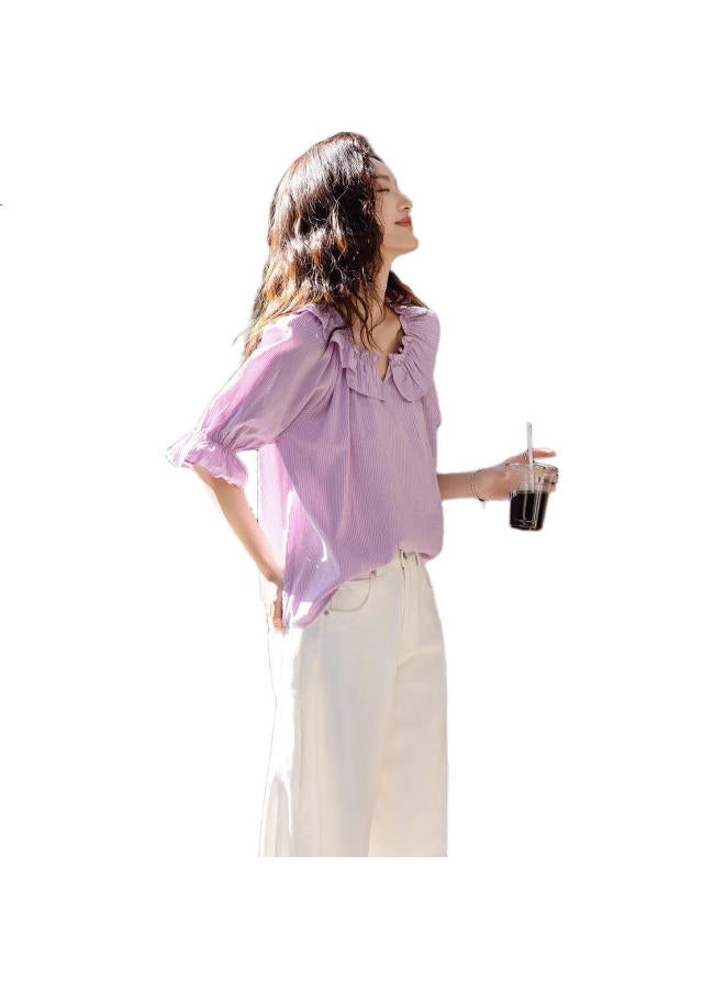 dme Love Poem】Spring French Cloud Cotton Lace Collar Striped Shirt Elegant Medium Sleeve Blouse Women'S Top - Image 2