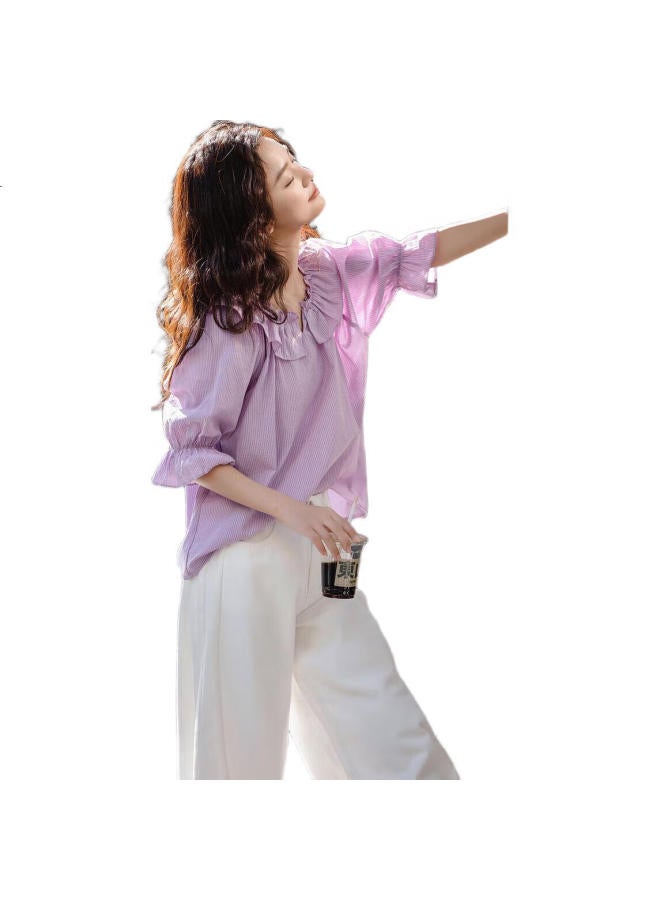 dme Love Poem】Spring French Cloud Cotton Lace Collar Striped Shirt Elegant Medium Sleeve Blouse Women'S Top - Image 1