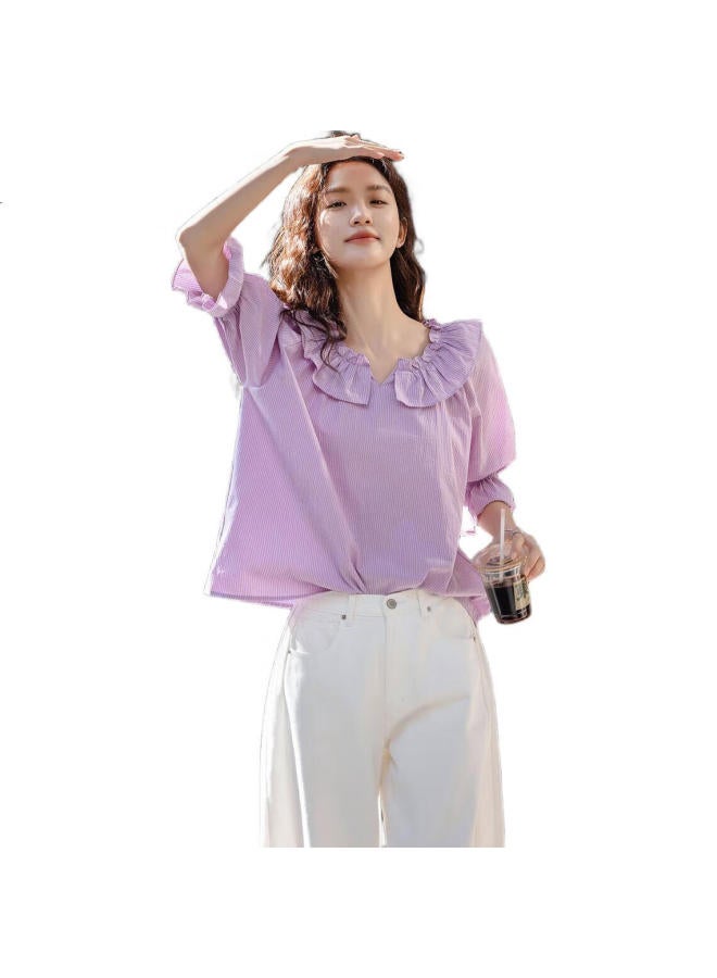 dme Love Poem】Spring French Cloud Cotton Lace Collar Striped Shirt Elegant Medium Sleeve Blouse Women'S Top - Image 3