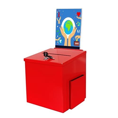 FixtureDisplays® Red Metal Donation Box Suggestion Tithes Offering Box with Sign Holder 8.5X8.1X18" 11573RED - Image 1