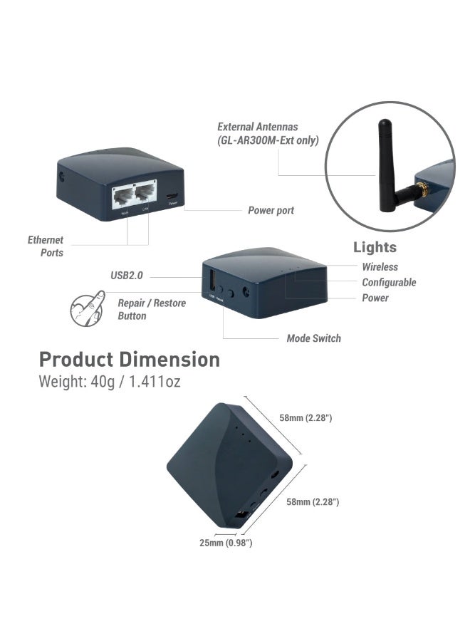 GL.iNet GL-AR300M16-Ext (Shadow) Portable Mini Travel Wireless Pocket Router – WiFi Router | OpenWrt | 2× Ethernet Ports | OpenVPN/Wireguard VPN for Public & Hotel Wi-Fi | USB 2.0 Port | 2× External Antennas - Image 5