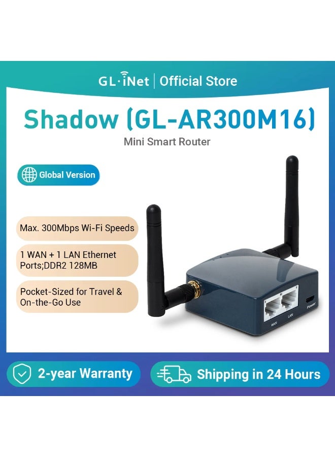 GL.iNet GL-AR300M16-Ext (Shadow) Portable Mini Travel Wireless Pocket Router – WiFi Router | OpenWrt | 2× Ethernet Ports | OpenVPN/Wireguard VPN for Public & Hotel Wi-Fi | USB 2.0 Port | 2× External Antennas
