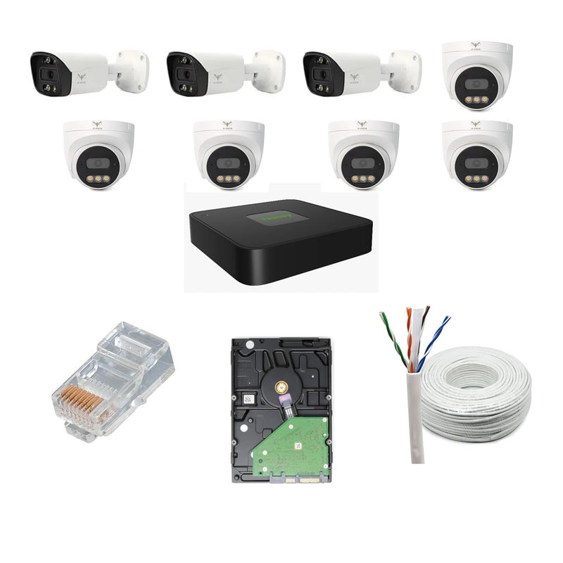 JK Vision كاميرا CCTV IP من JK Vision بدقة 5 ميجابكسل مجموعة كاملة 3 كاميرات بوليت 5 كاميرات دوم 8 قناة NVR مع POE مدمج قرص صلب سعة 2 تيرابايت كابل Cat6 بطول 100 متر 16 موصل RJ45 - Image 1