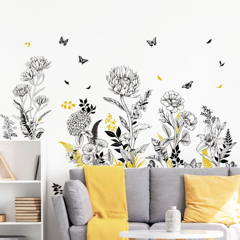 Black Yellow Flower Wall Decals 3 Sheets Sketch Garden Floral Wall Stickers Simple Line Wildflower Grass Butterflies Art Decor Bedroom Bathroom Hallway Sofa Gifts for Mom118x354 inSheet