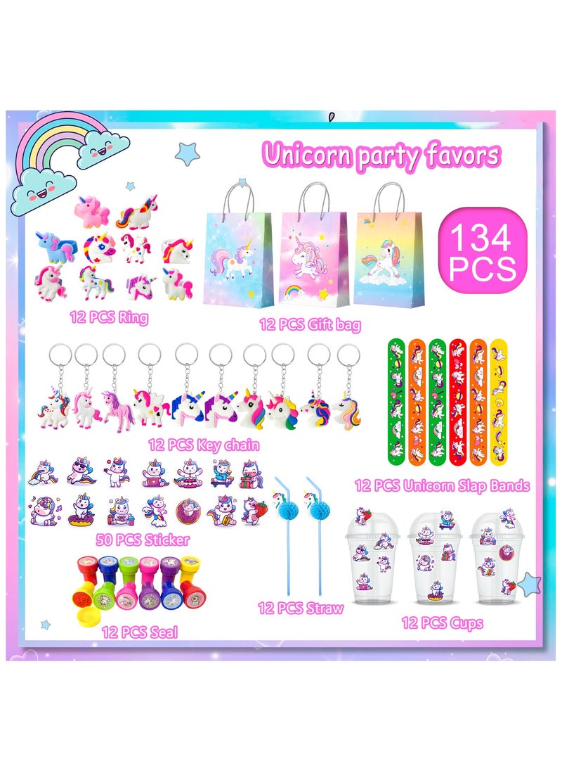FRUITFUL PARTY Unicorn Party Favors for 12 Guests, 134pcs Unicorn Birthday Party Favors Set Unicorn Goodie Bags Unicorn Slap Bracelet Unicorn Stickers Keychain Stampers Rings  - Image 2