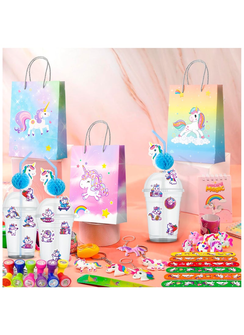 FRUITFUL PARTY Unicorn Party Favors for 12 Guests, 134pcs Unicorn Birthday Party Favors Set Unicorn Goodie Bags Unicorn Slap Bracelet Unicorn Stickers Keychain Stampers Rings  - Image 4