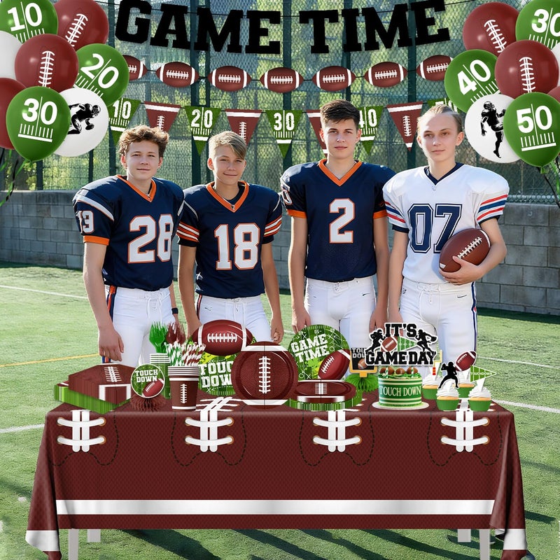 Peghoqu Football Party Decorations Serve 24 Football Party Supplies Includes Paper Plates Napkins,Touchdown Tablecloth,Cups,Banner,Balloon,Forks,Cupcake Topper for Game Time Sport Tailgate Themed Party Decor - Image 2