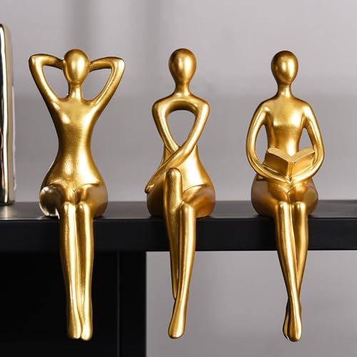 Quoowiit Gold Decor Thinker Statue Decor Book Shelf Decor, Abstract Statue Ornament Office Decor Modern Home Decor Decorations for Living Room Collectable Figurines Coffee Table Decor 3 Piece - Image 3