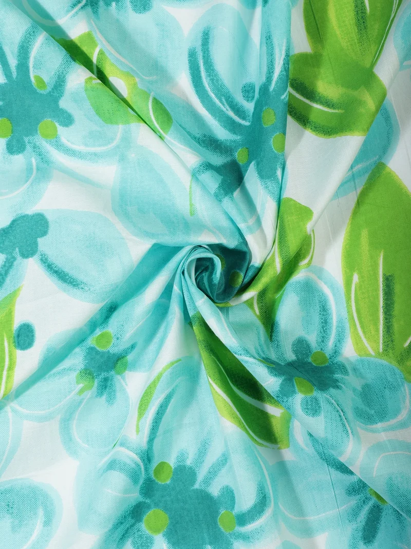 أيه كيه إس Tropical Floral Print Fabric, Aquamarine and Lime Green, One Meter