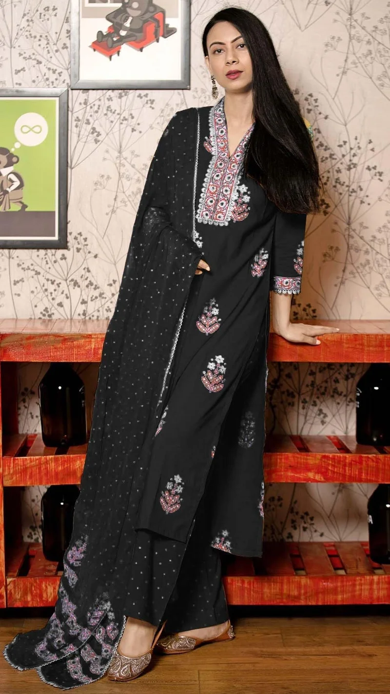 جو سريكي كورتا مستقيمة مطبوعة من رايون فيسكوز GoSriKi مع بنطال ودوباتا (بيلاجافي أسود-GS_3XL_Black_XXX-كبير)