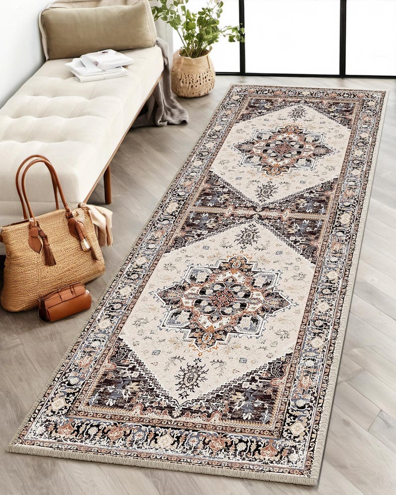 BESTSWEETIE 2x6 Hallway Runner Rugs  2x6 Washable Rug  Non Slip Water Repellent Floor Carpet  Low Pile Soft Vintage Rug for Entryway Bedroom Laundry Room Indoor-Khaki/Beige/Purple/Black/Brick - Image 1
