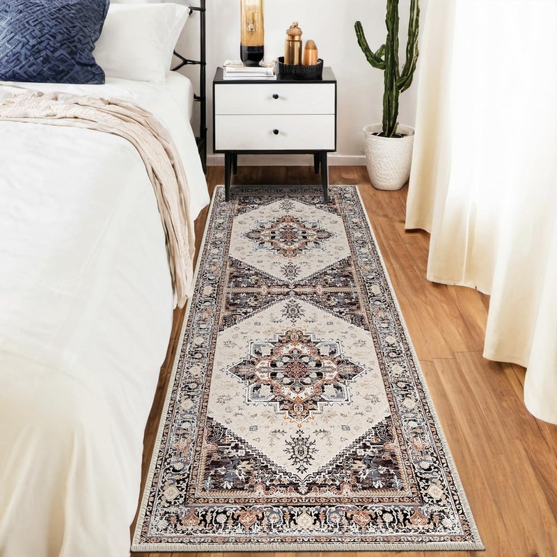 BESTSWEETIE 2x6 Hallway Runner Rugs  2x6 Washable Rug  Non Slip Water Repellent Floor Carpet  Low Pile Soft Vintage Rug for Entryway Bedroom Laundry Room Indoor-Khaki/Beige/Purple/Black/Brick - Image 2