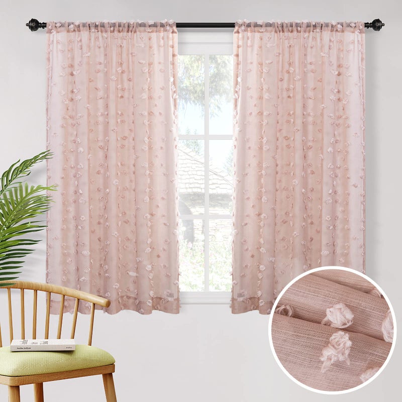 MYSKY HOME Pom Pom Pink Sheer Curtains for Bedroom Girls Room Dusty Rose Curtains 63 inch Length for Nursery Kids Light Filtering Boho Window Drapes, Rod Pocket, 52" Wide, 2 Panels - Image 1