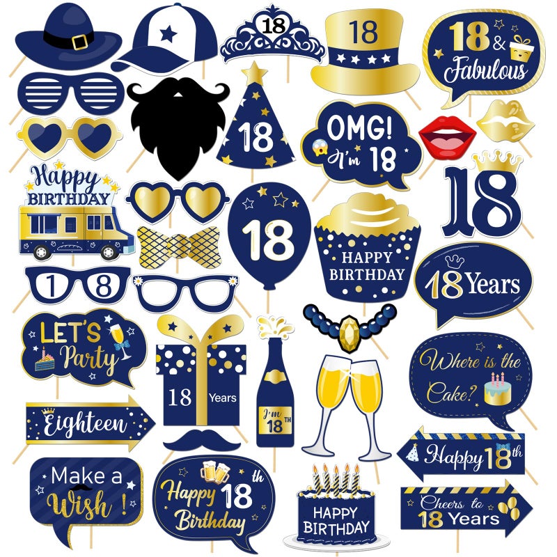 18th Birthday Photo Booth Props 34Pcs Blue Gold Party Supplies for Boys Men 18th Birthday Party Table Centerpiece Decorations Cheers to 18 Years Old Toppers Photo Booth