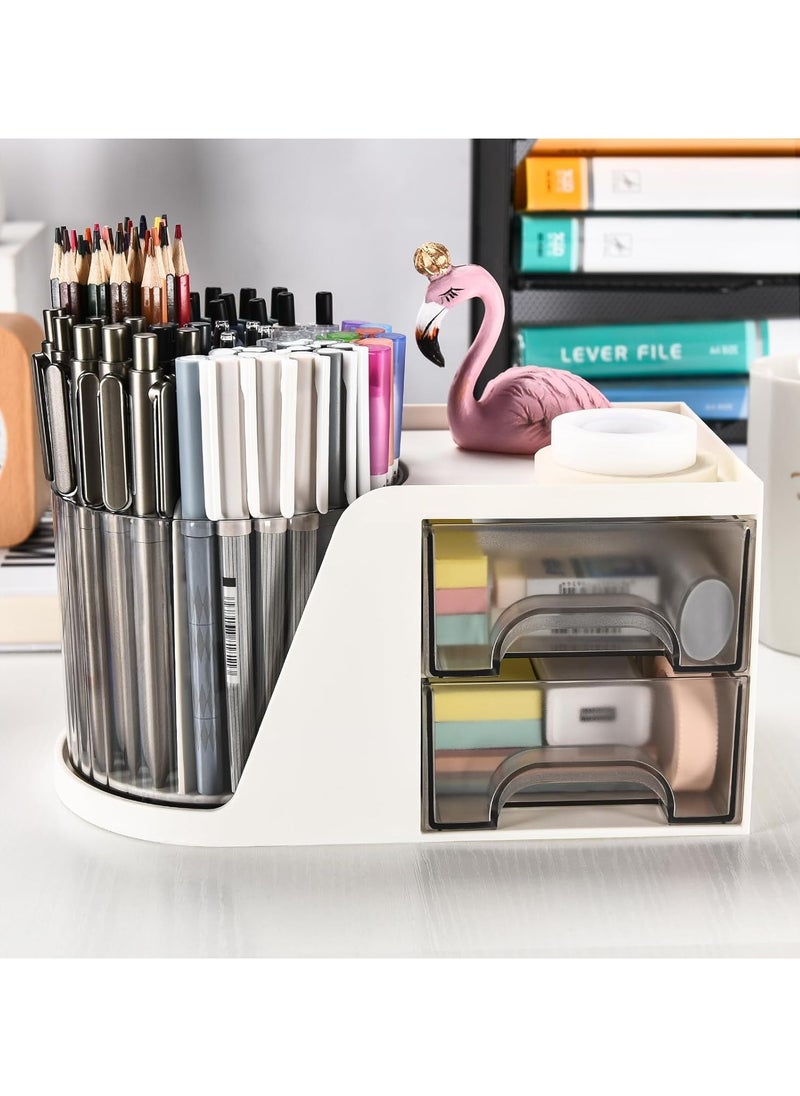 Rotating Desk Organizer with 2 Drawer, Pencil Pen Holder for Desk, Desk Organizers and Accessories with 4 Compartments  Drawer for Office Home Art Supplies (White)