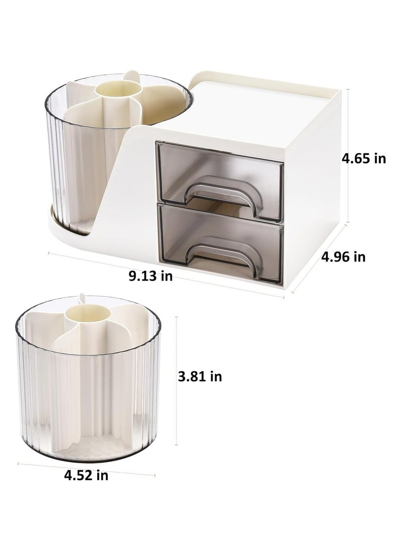Rotating Desk Organizer with 2 Drawer, Pencil Pen Holder for Desk, Desk Organizers and Accessories with 4 Compartments  Drawer for Office Home Art Supplies (White)