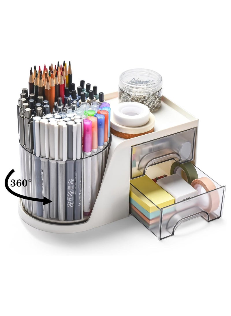 Rotating Desk Organizer with 2 Drawer, Pencil Pen Holder for Desk, Desk Organizers and Accessories with 4 Compartments  Drawer for Office Home Art Supplies (White)