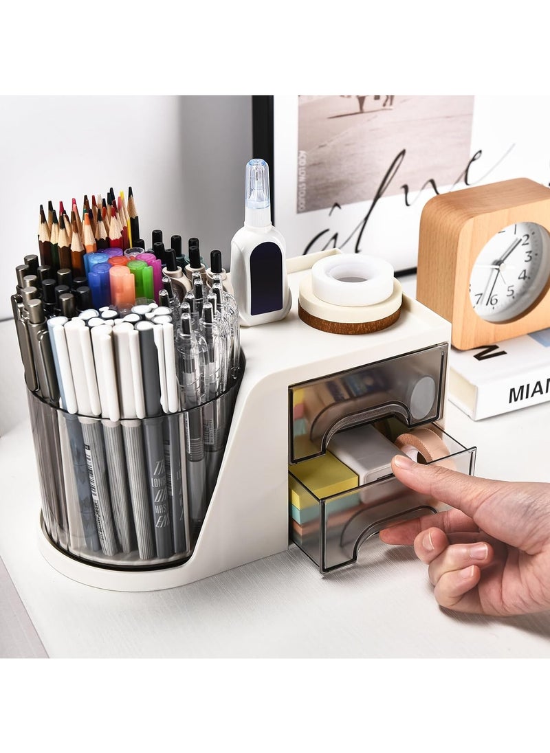Rotating Desk Organizer with 2 Drawer, Pencil Pen Holder for Desk, Desk Organizers and Accessories with 4 Compartments  Drawer for Office Home Art Supplies (White)