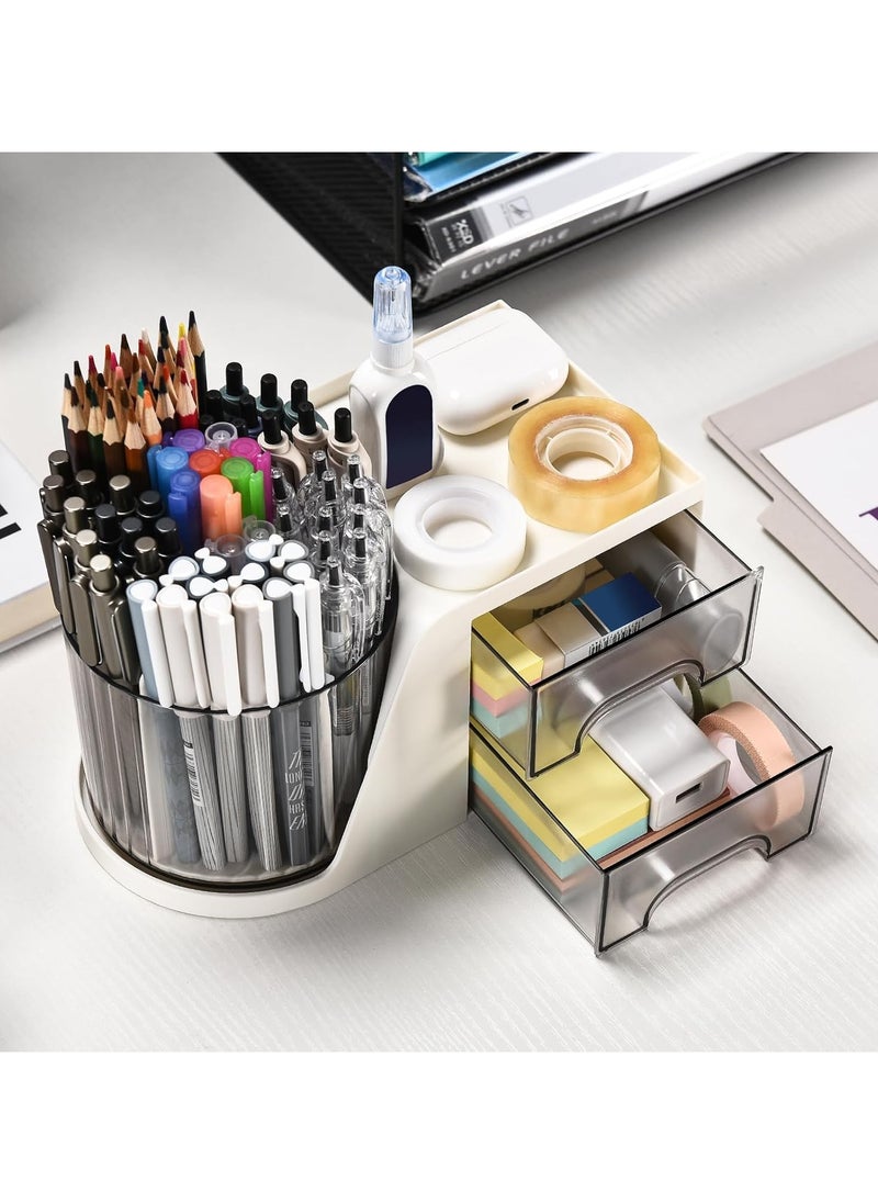 Rotating Desk Organizer with 2 Drawer, Pencil Pen Holder for Desk, Desk Organizers and Accessories with 4 Compartments  Drawer for Office Home Art Supplies (White)